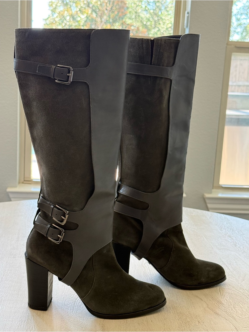 Women's Tall Knee-High Boots - grey suede and removable leather chaps